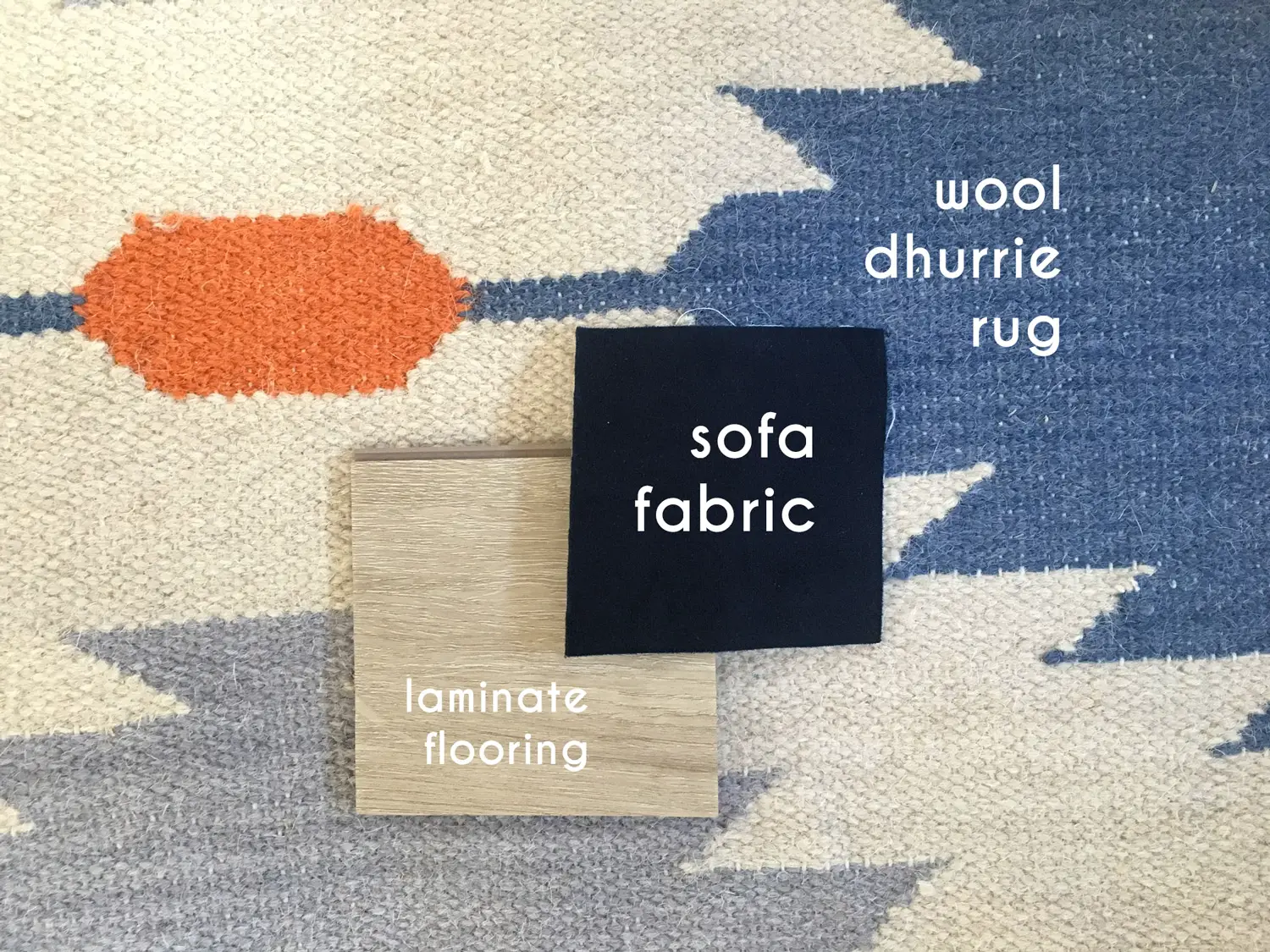 Guest house interior decor samples - flooring, rug and sofa fabric - That Homebird Life Blog