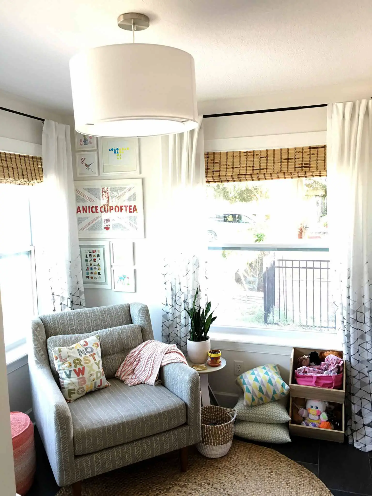 Lined bamboo blinds and sheer curtains - playroom house tour - That Homebird Life Blog