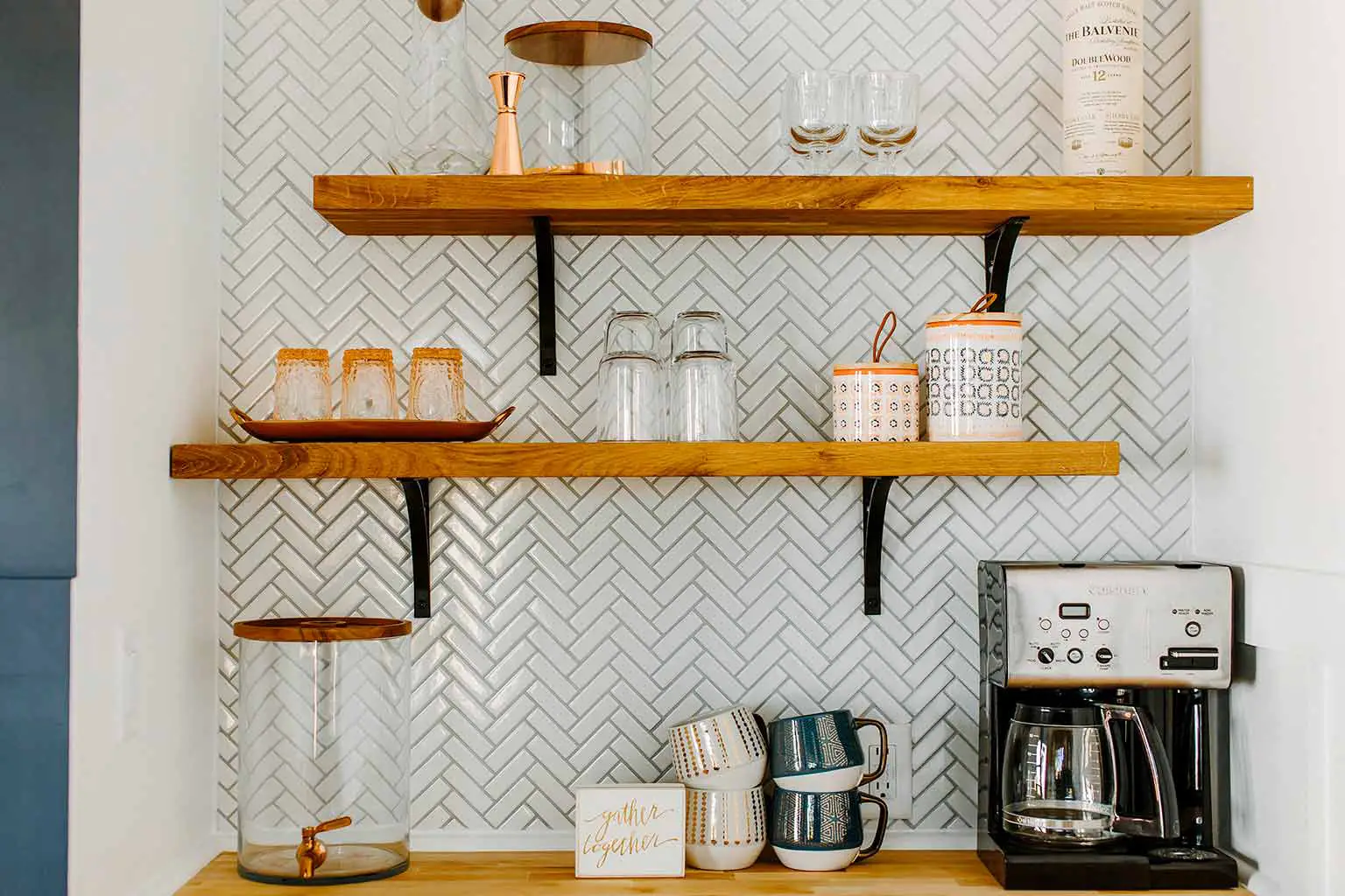 Kitchenette with open shelving and herringbone tile - The Guest House Reveal - That Homebird Life Blog