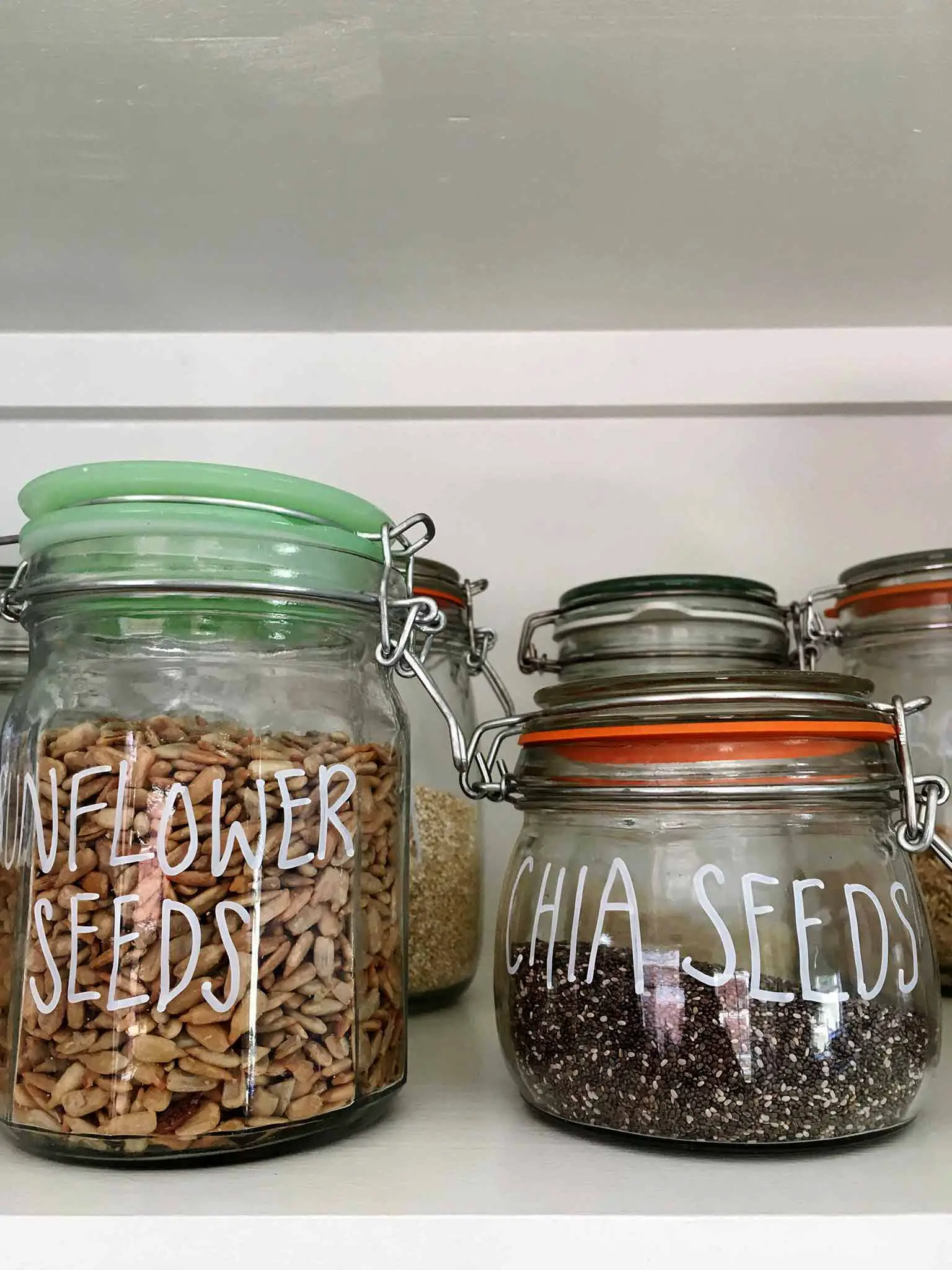 Organized glass jars with dry goods - That Homebird Life Blog
