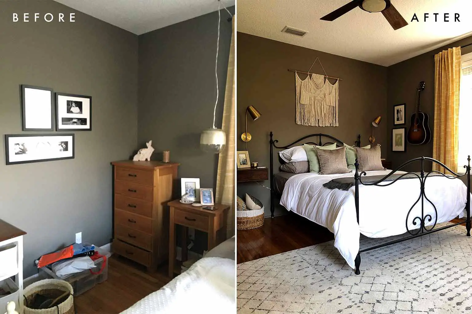 before and after of master bedroom side by side