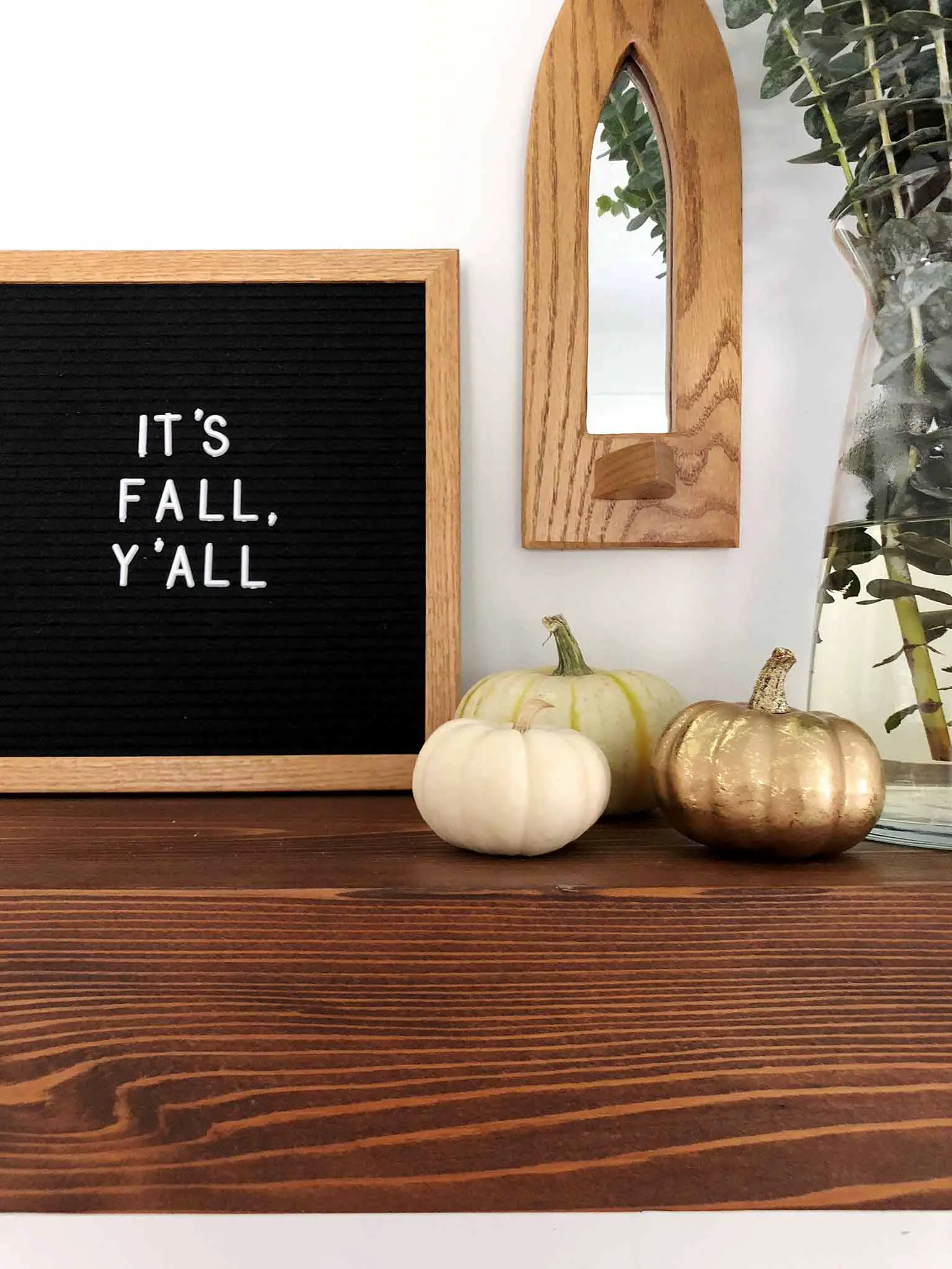 Mantel with a letterboard and pumpkins - Simple Fall Decor for the Uncluttered Home - That Homebird Life blog