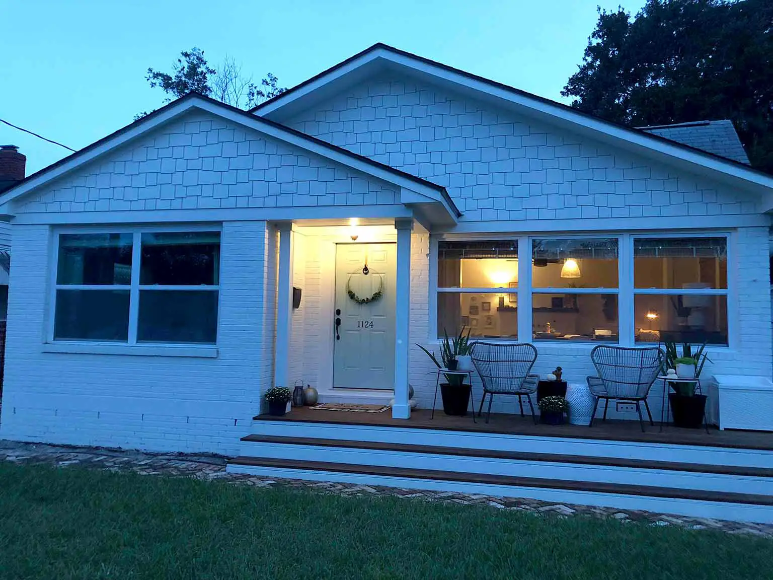 Front porch fall makeover reveal night view - That Homebird Life Blog