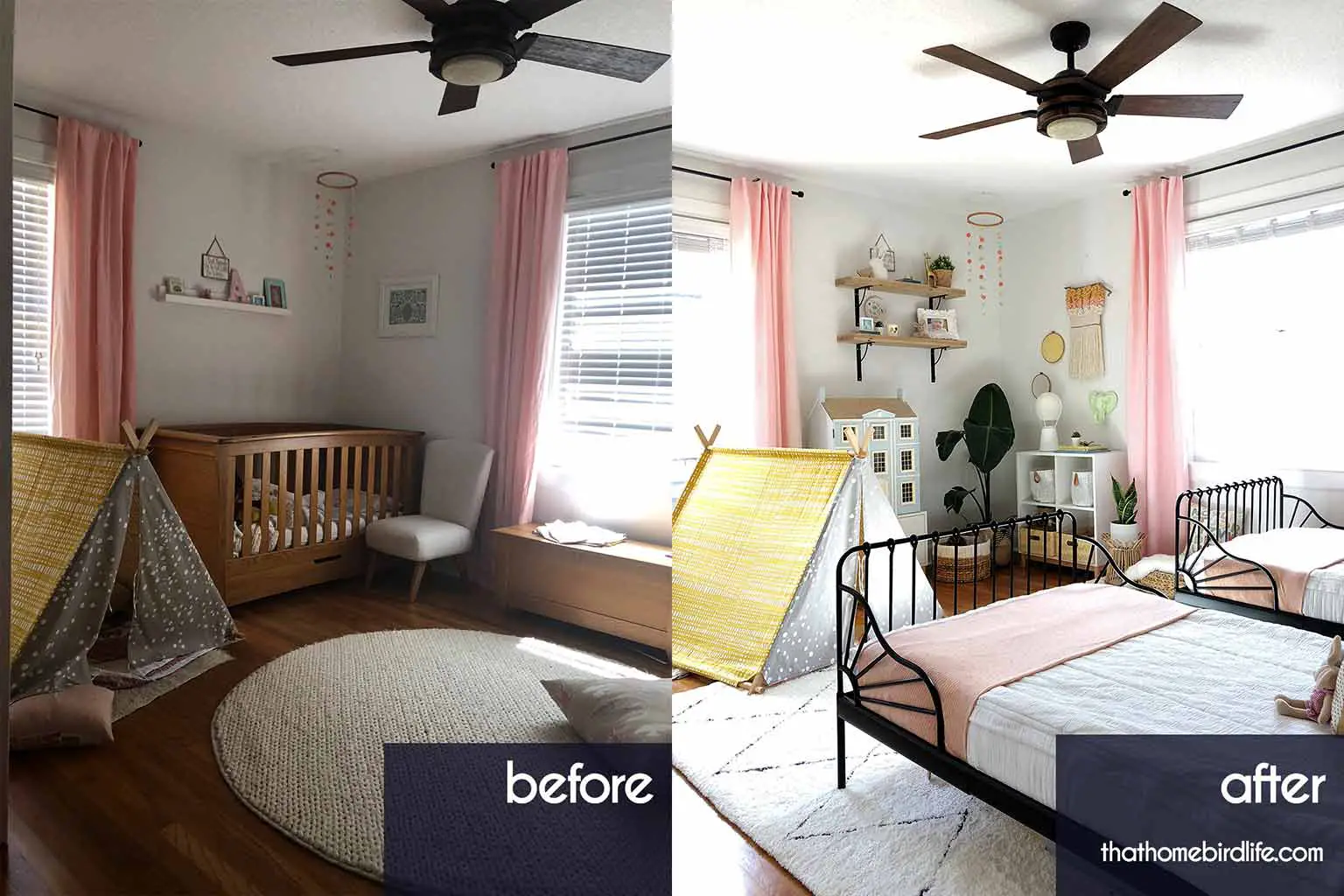 before and after of girls bedroom side by side