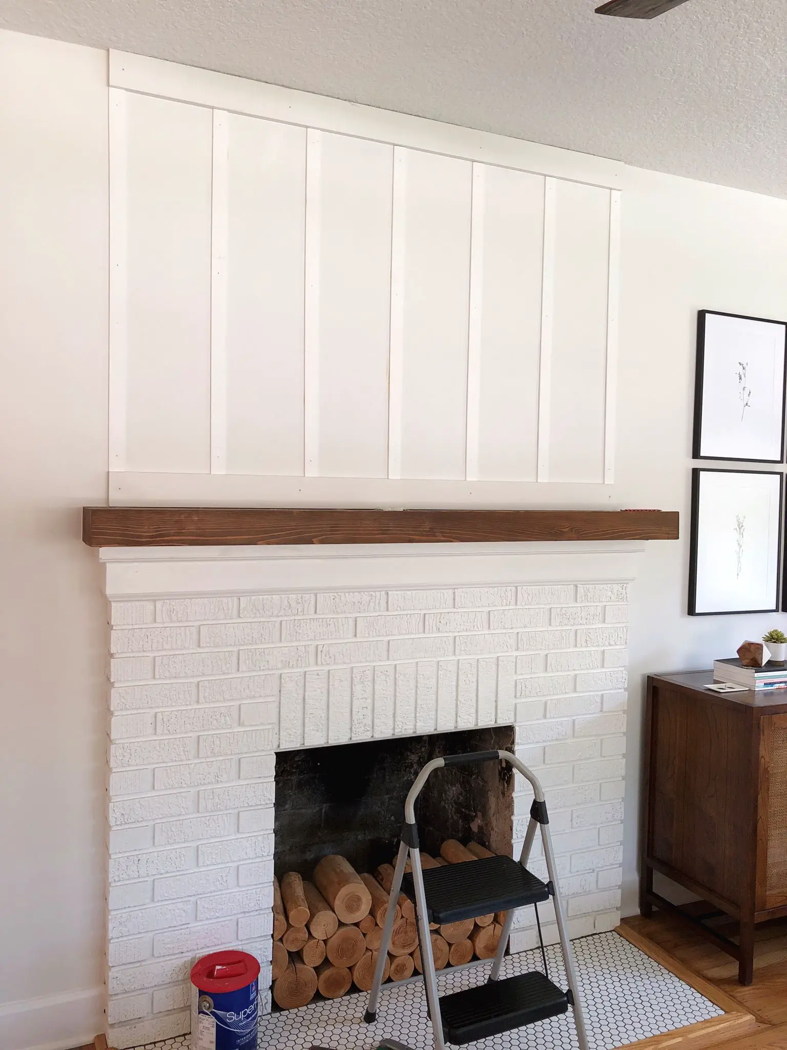 fireplace during board and batten installation