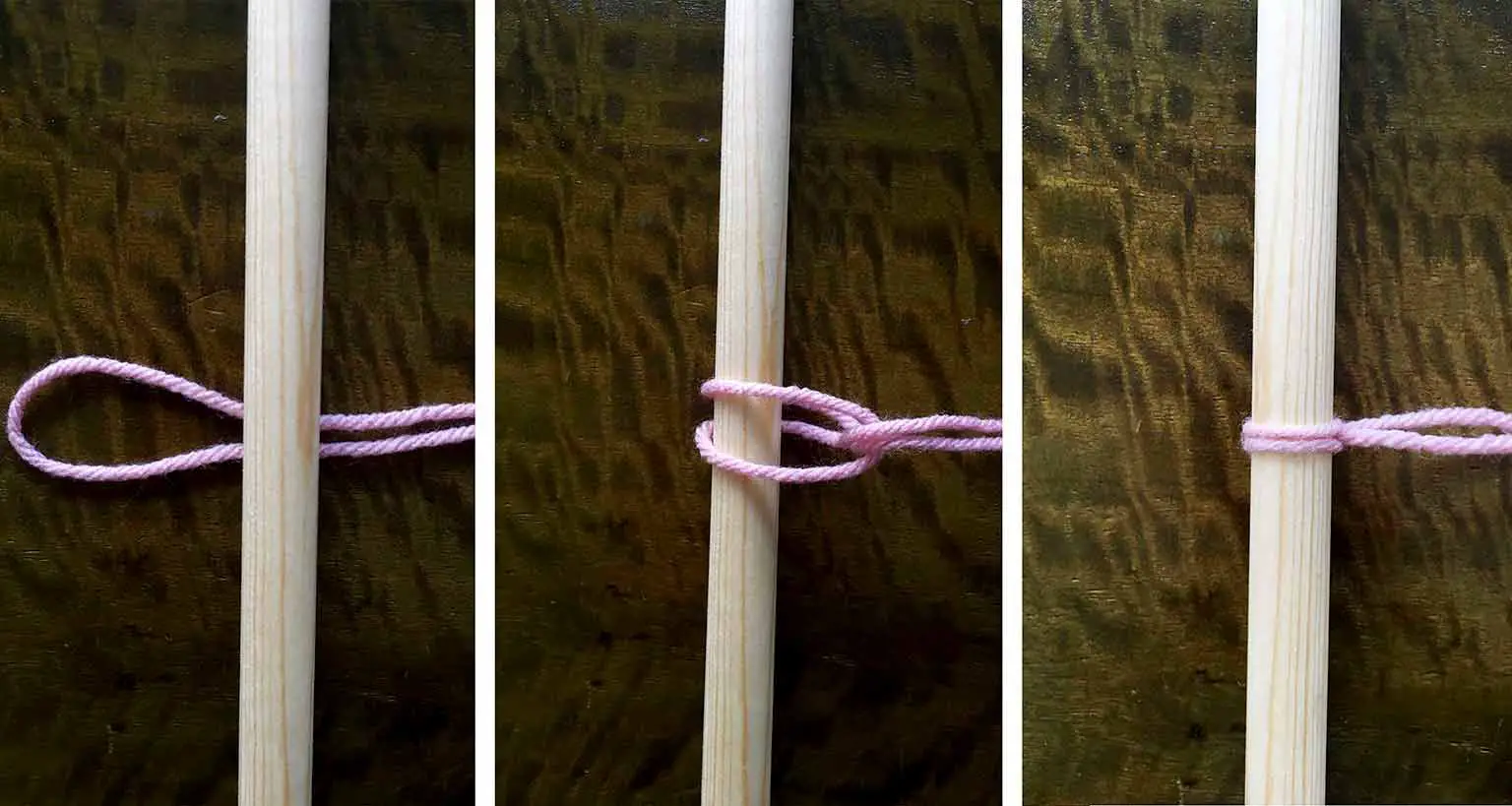 process of tying yarn onto wooden dowel