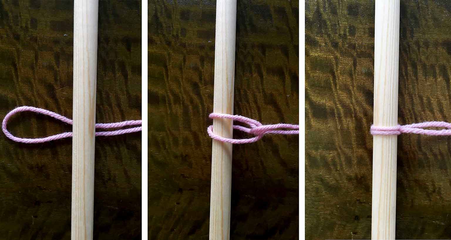 process of tying yarn onto wooden dowel