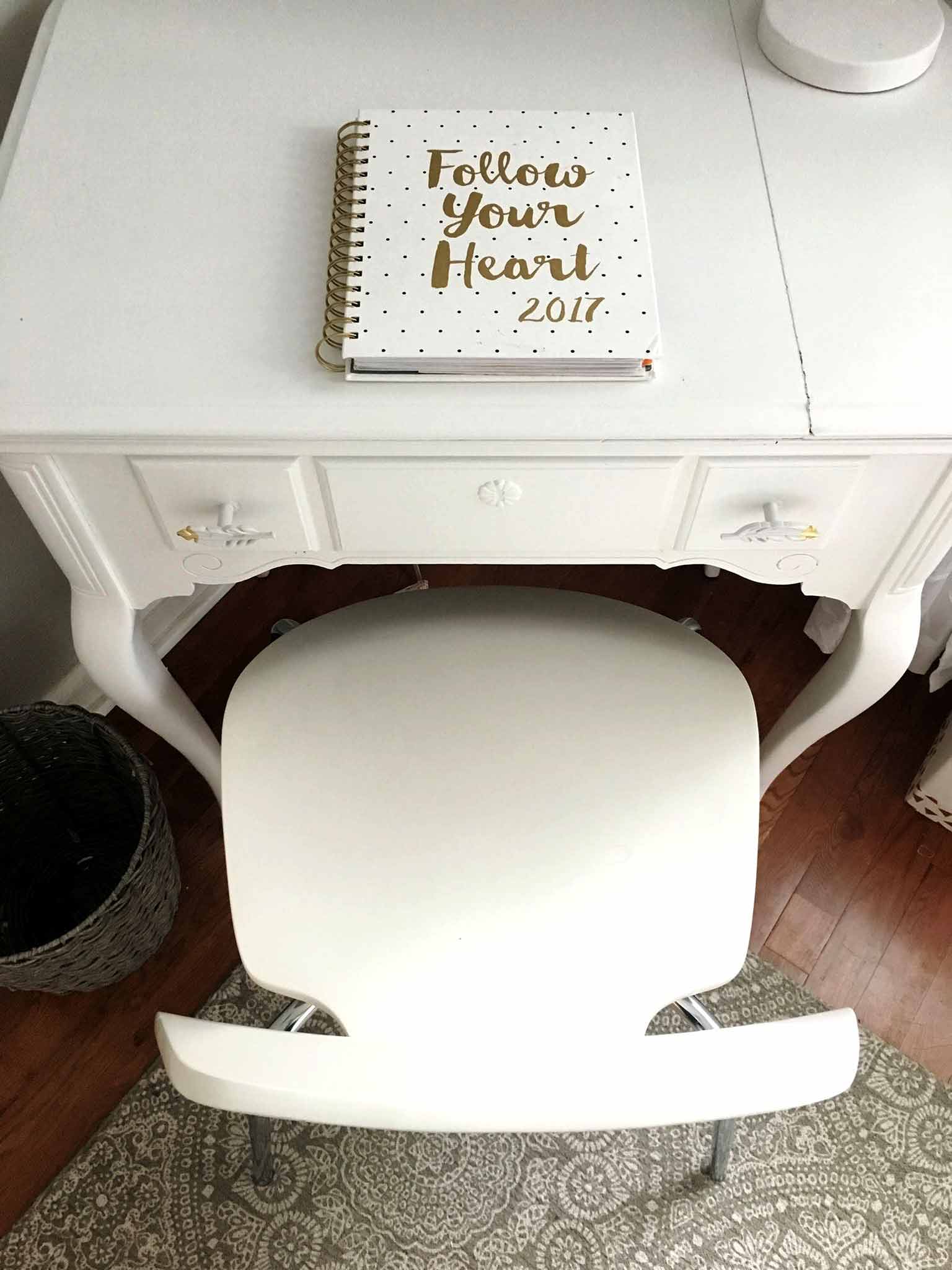 Sewing table painted white - modern boho tween bedroom - That Homebird Life Blog