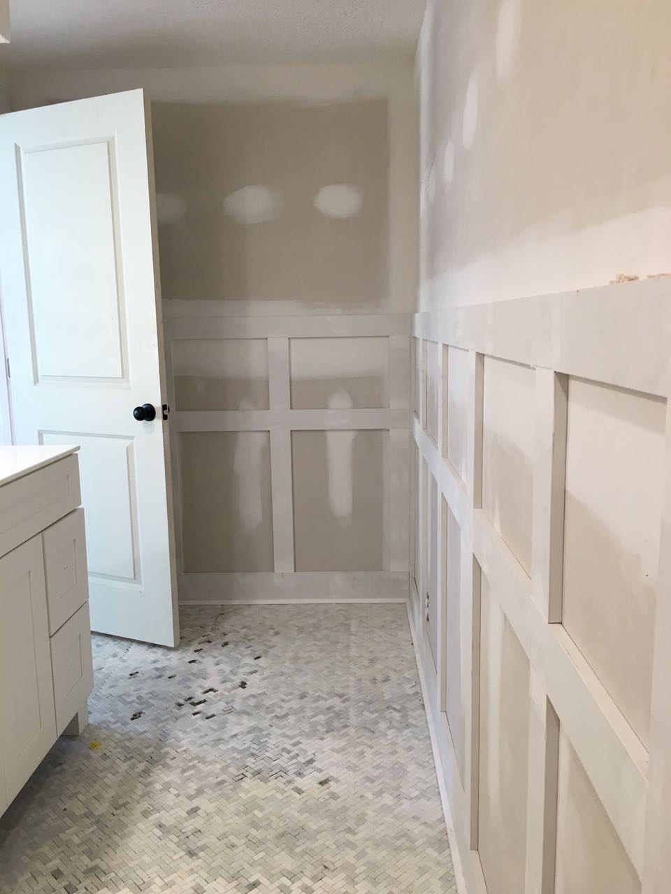 Marble herringbone tile bathroom floor - That Homebird Life Blog