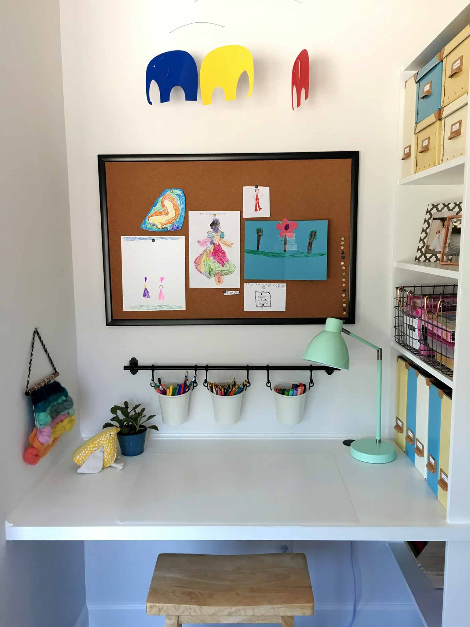 Kids art and craft station, built-in desk, closet and shelving - playroom house tour - That Homebird Life Blog