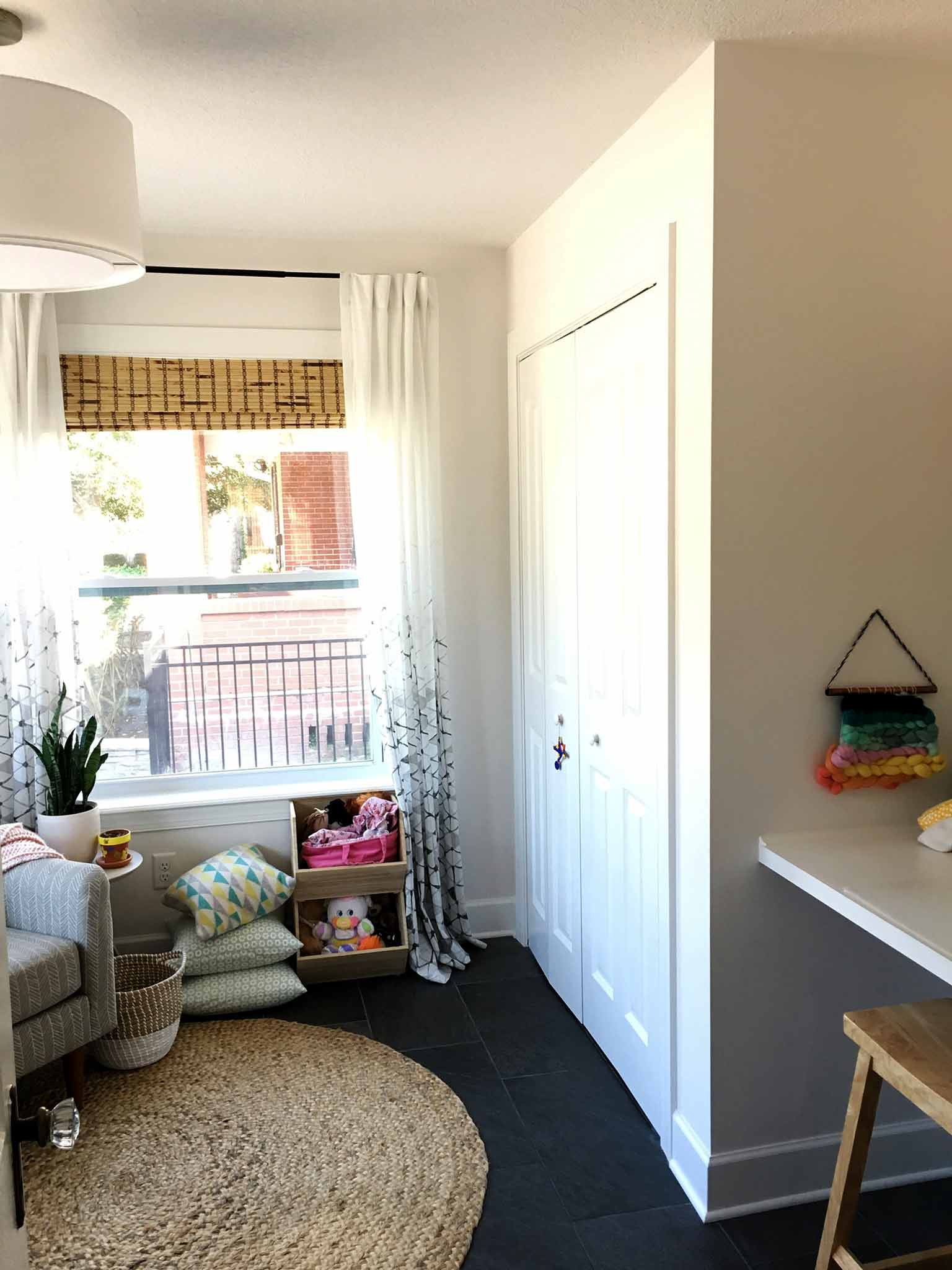 Kids art and craft station, built-in desk, closet and shelving - playroom house tour - That Homebird Life Blog