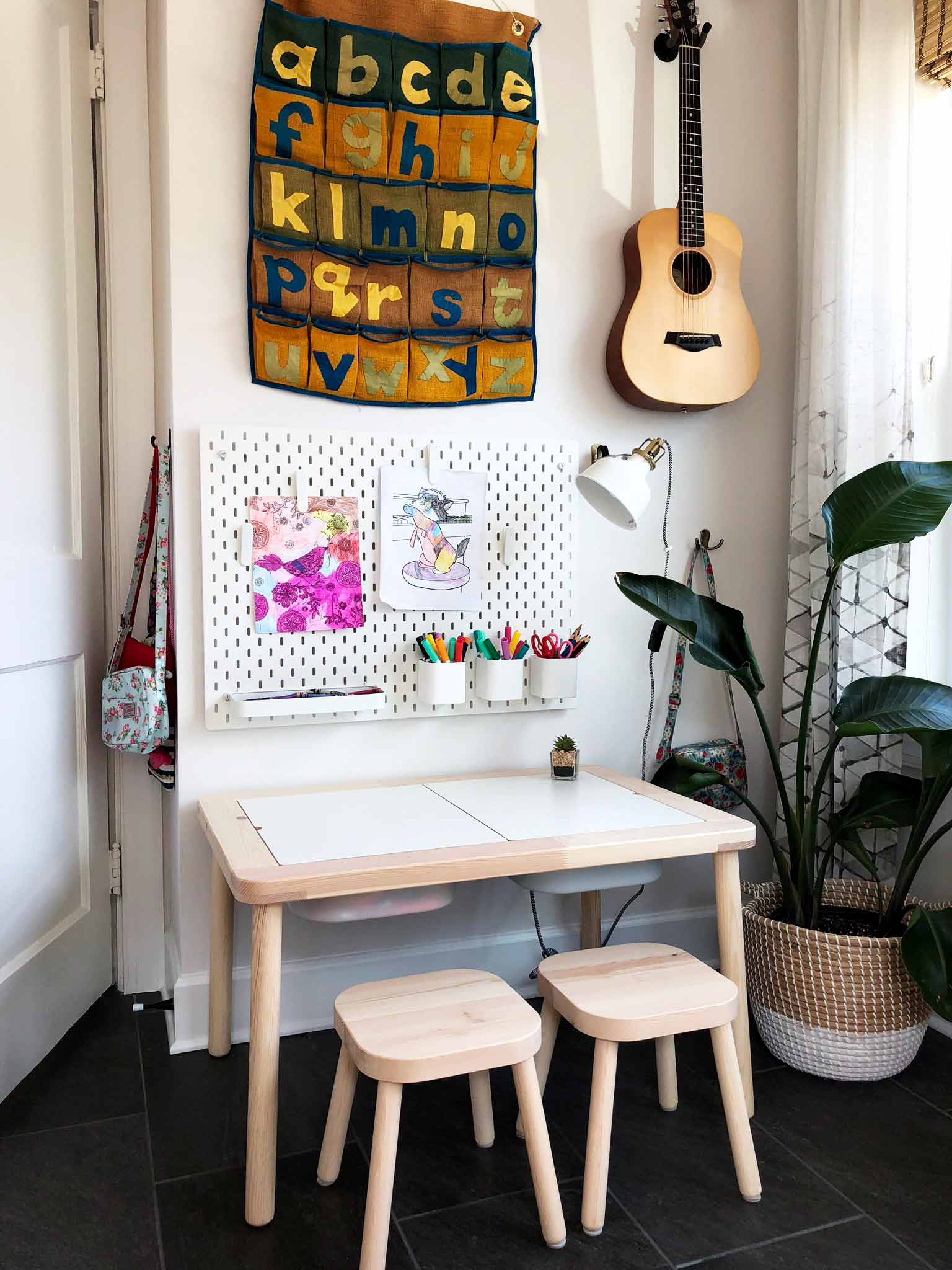 Kids craft area in the playroom using IKEA SKÅDIS pegboard series