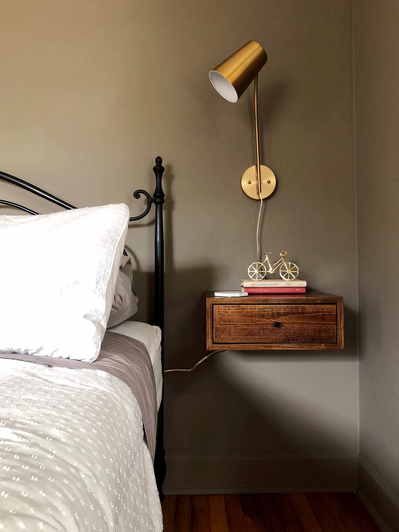 Master Bedroom Progress floating nightstands and wall mounted lamps - The One Room Challenge - That Homebird Life Blog