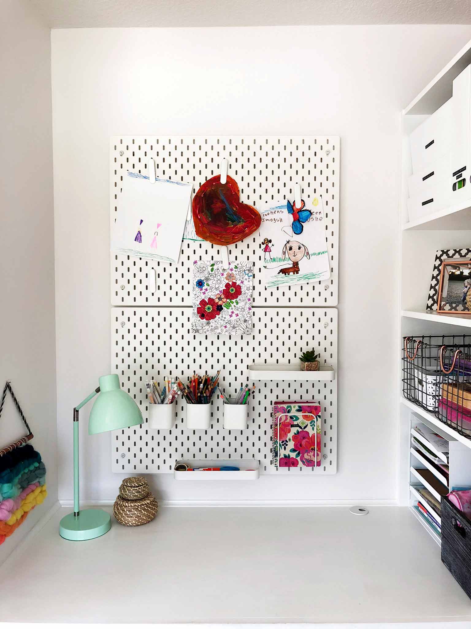 Kids craft area in the playroom using IKEA SKÅDIS pegboard series