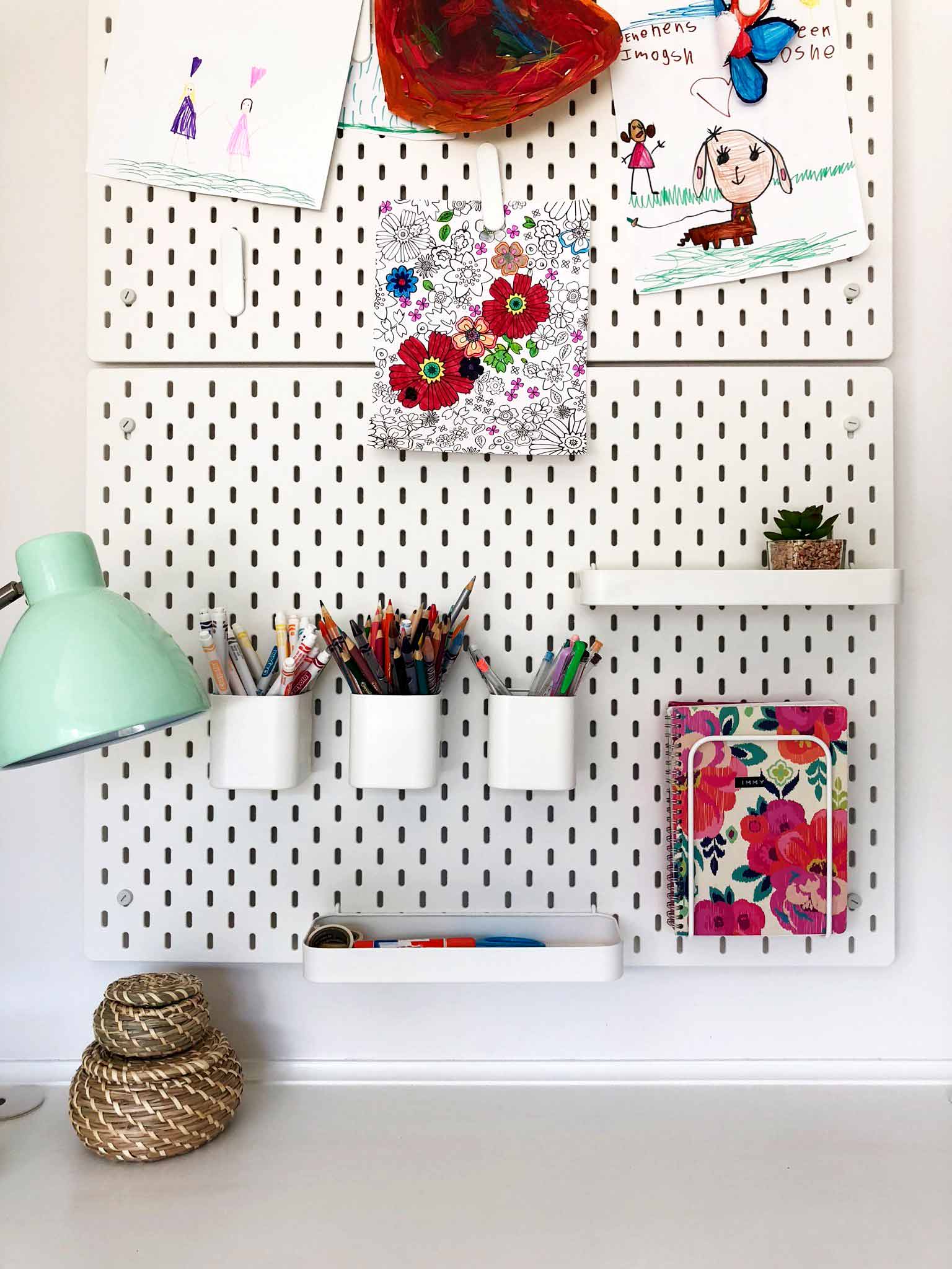 Kids craft area in the playroom using IKEA SKÅDIS pegboard series