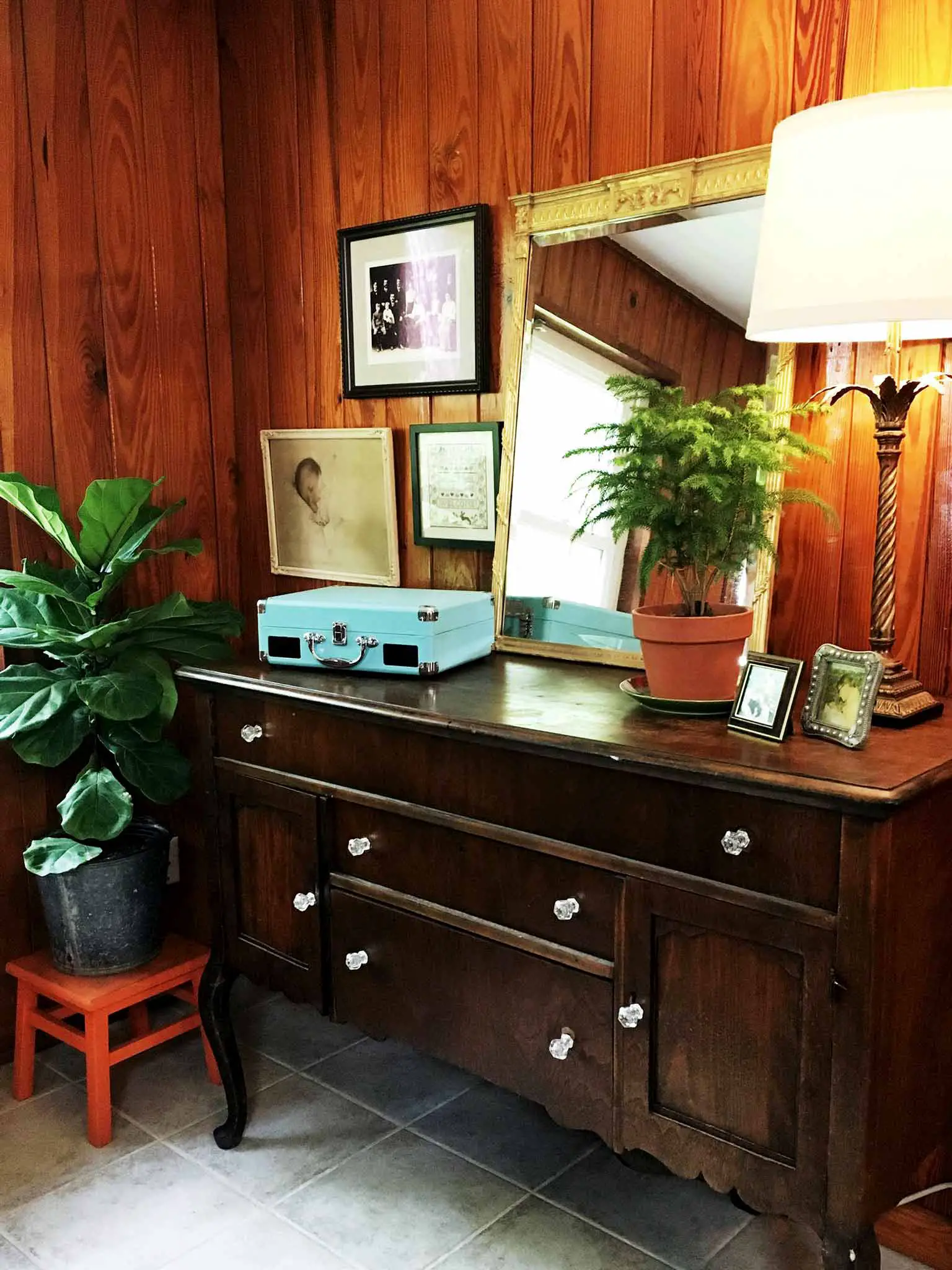 Sideboard and gallery wall - A Cozy & Eclectic Bonus Room Makeover - That Homebird Life Blog