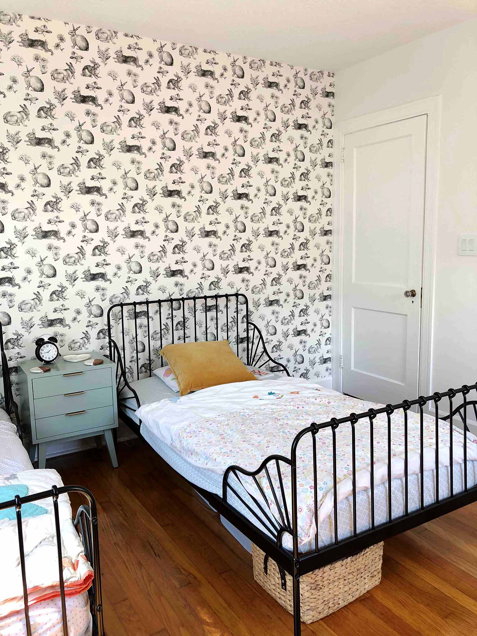 Toile lapin wallpaper and IKEA minnen beds - Guest Participant of the One Room Challenge - That Homebird Life Blog