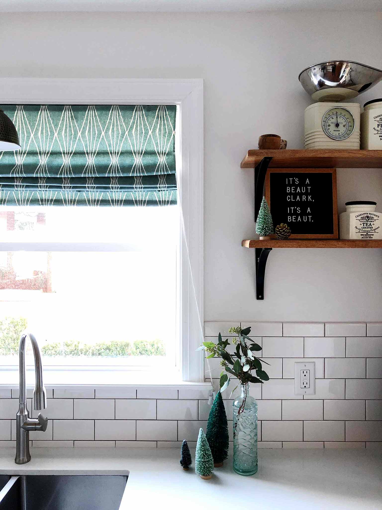 Kitchen decorated with bottle brush trees - Simple Yet Cozy Christmas Decor - That Homebird Life Blog #christmasdecor #christmasinspiration