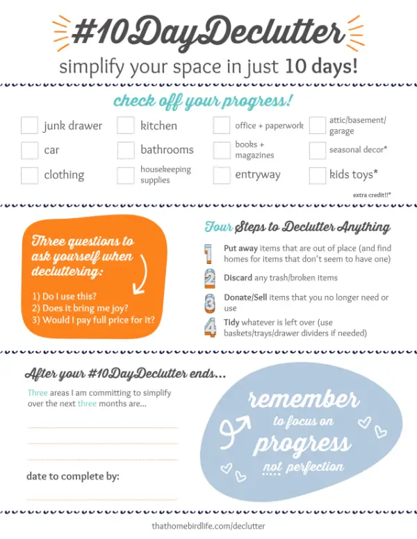 Join my FREE 10 Day Declutter and learn how to simplify your space, plus get a free printable to help track your progress! #declutter #declutteryourhome #printables