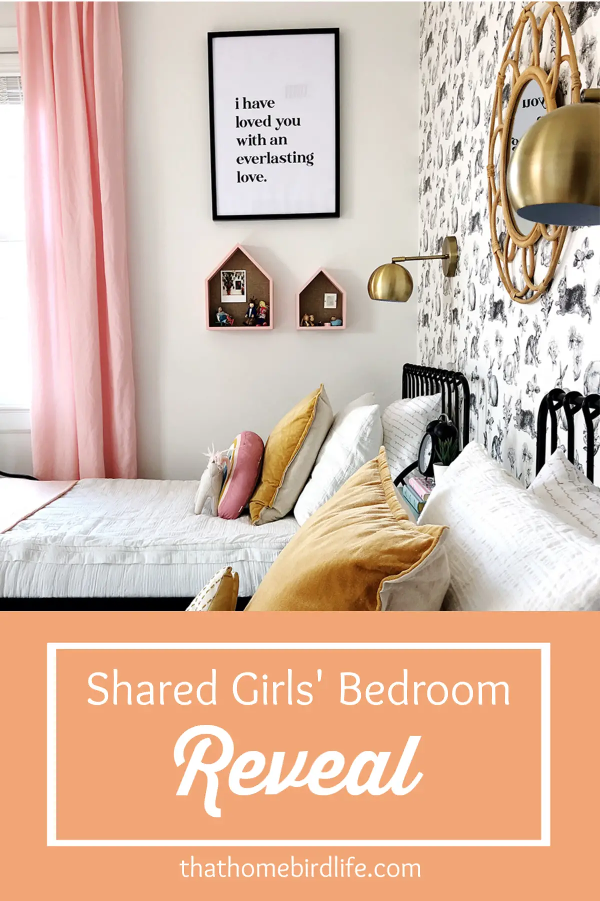 shared girls bedroom with text overlay