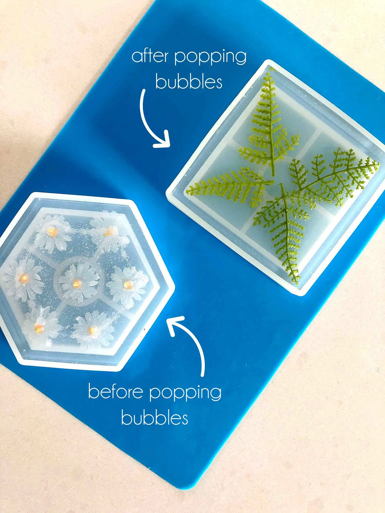 popping bubbles in craft resin coasters