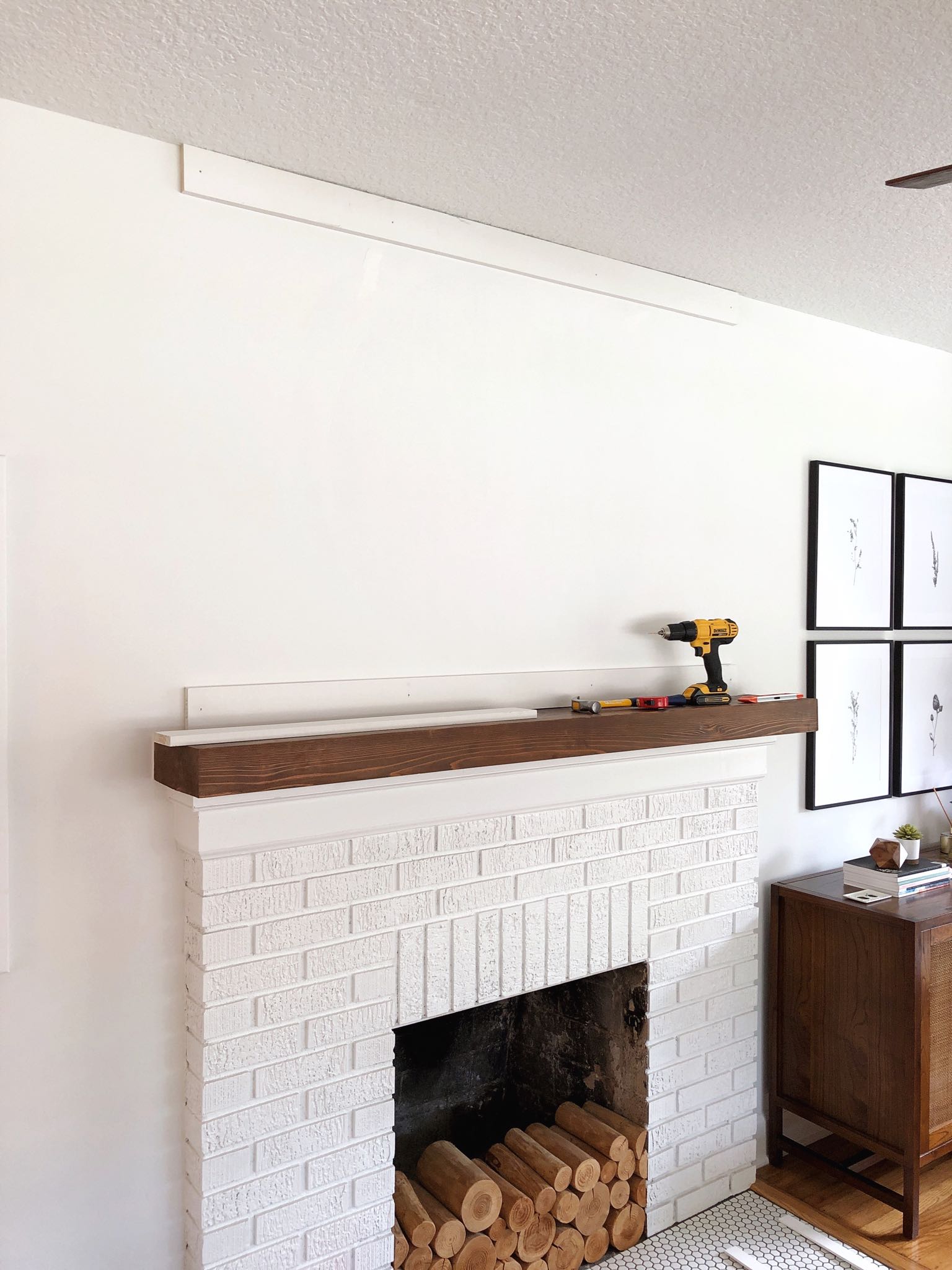 fireplace with two boards installed