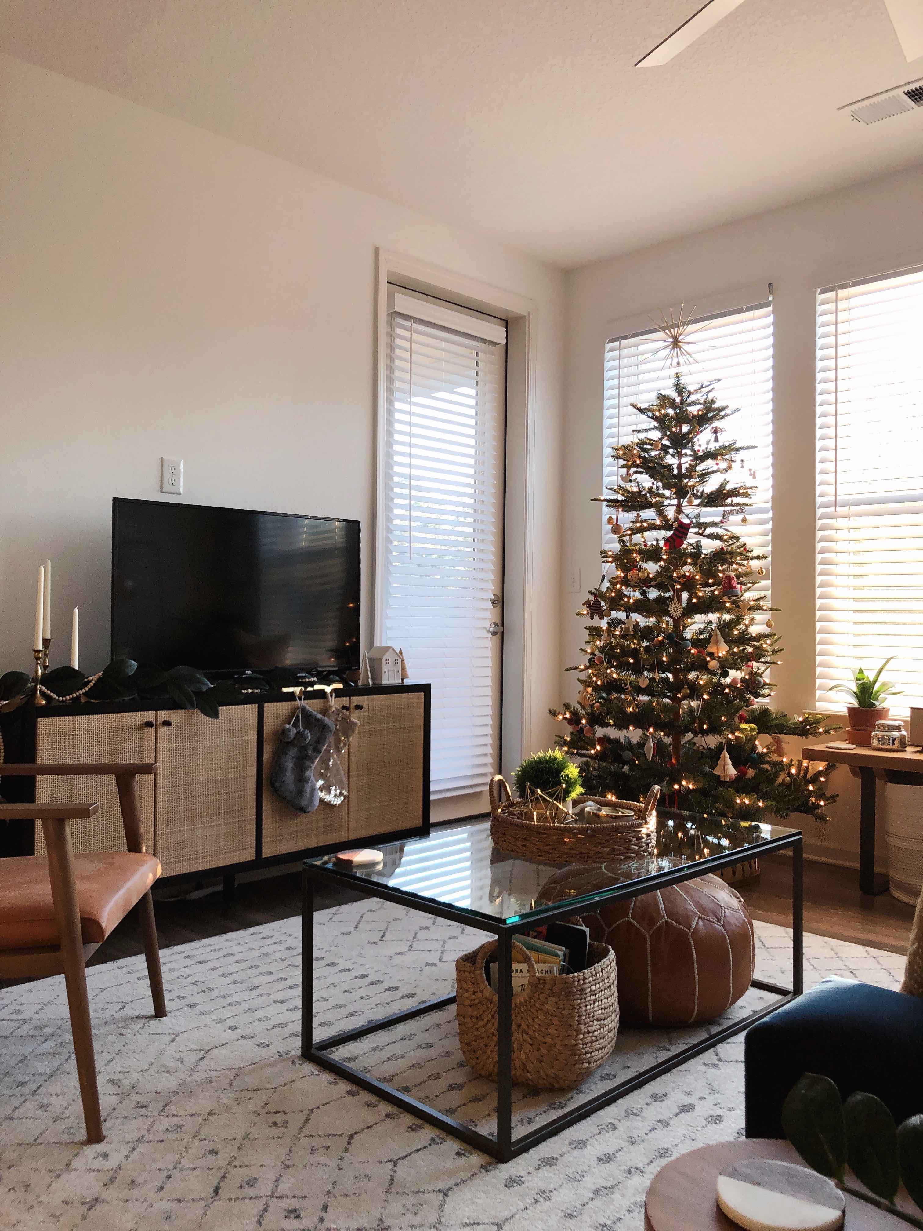 living room with christmas tree