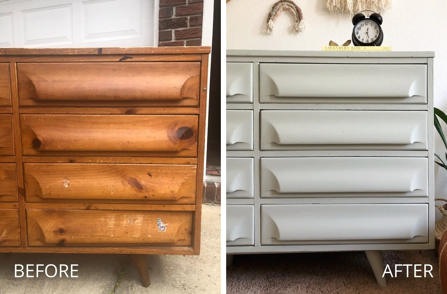 before and after dresser painted with chalk paint