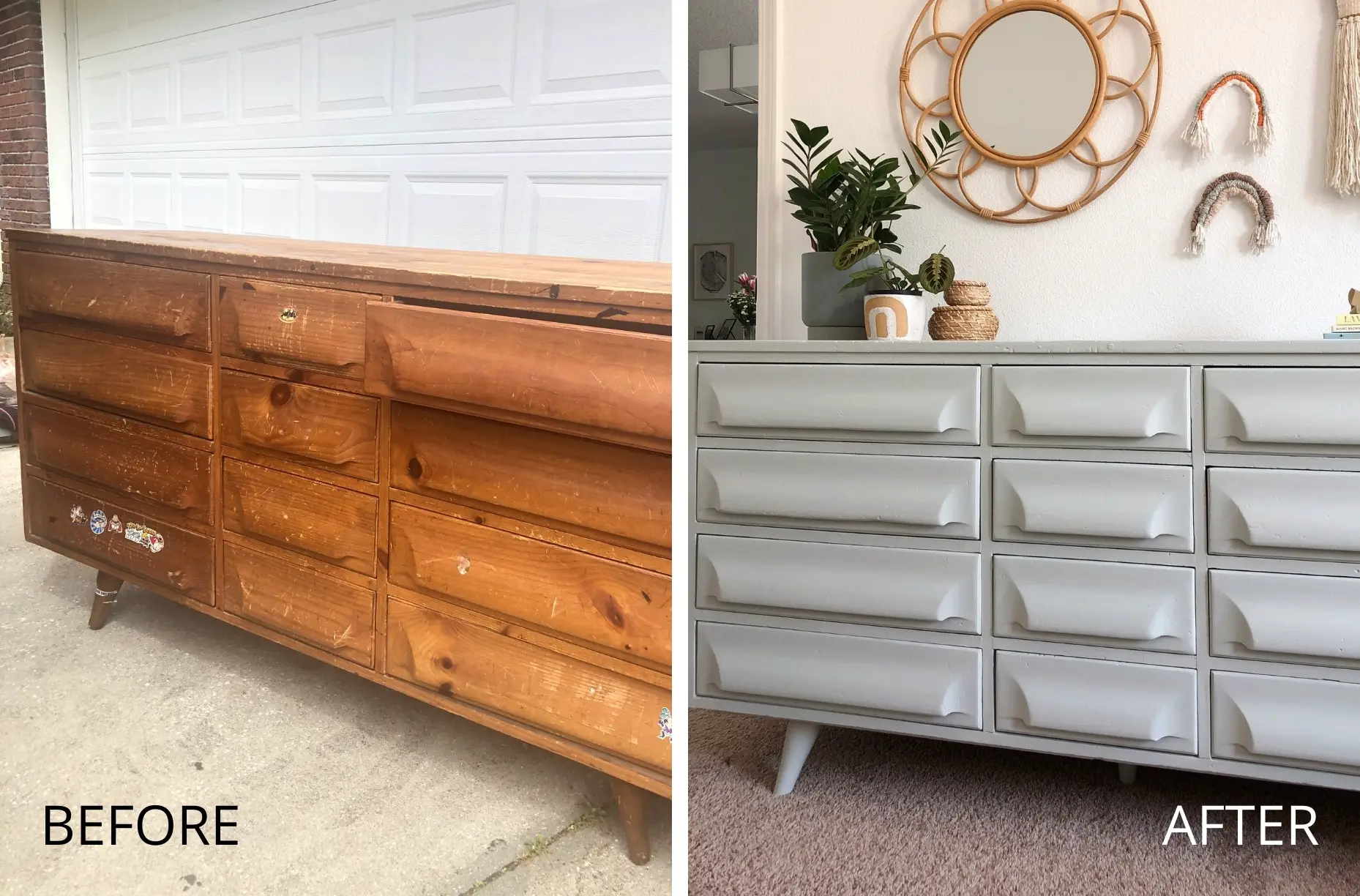 before and after dresser painted with chalk paint