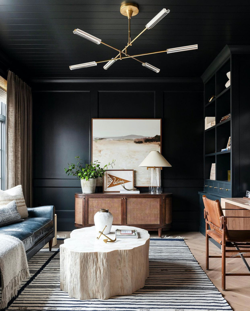 office trim inspiration—black walls and planked ceiling