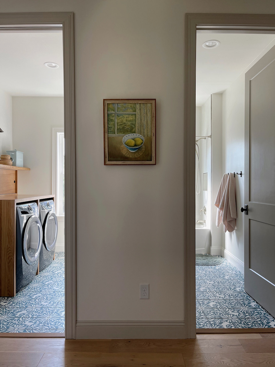 new construction laundry room and kids bathroom